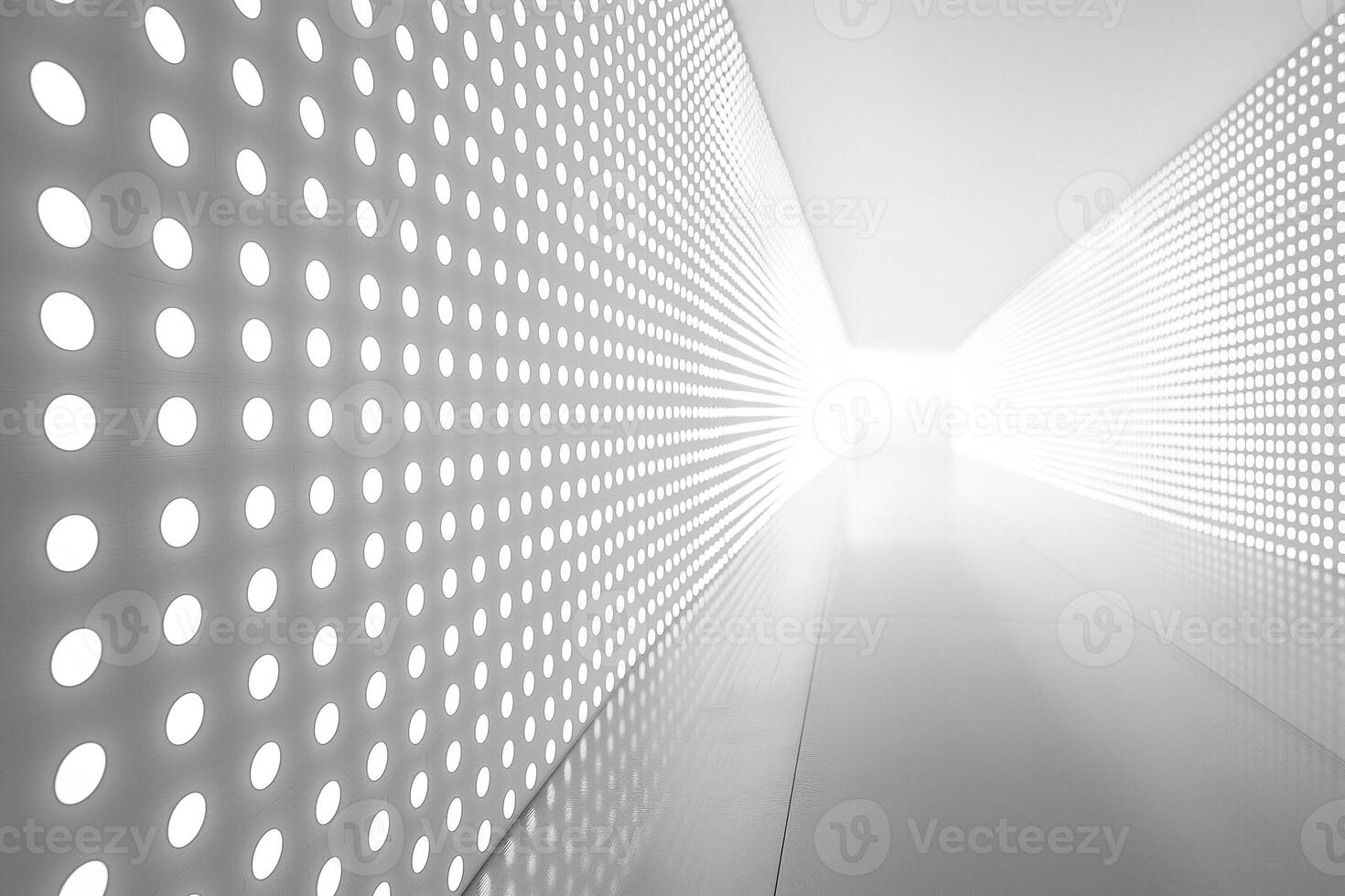 A modern hallway with illuminated circular patterns on the walls, creating a bright and minimalist atmosphere. photo