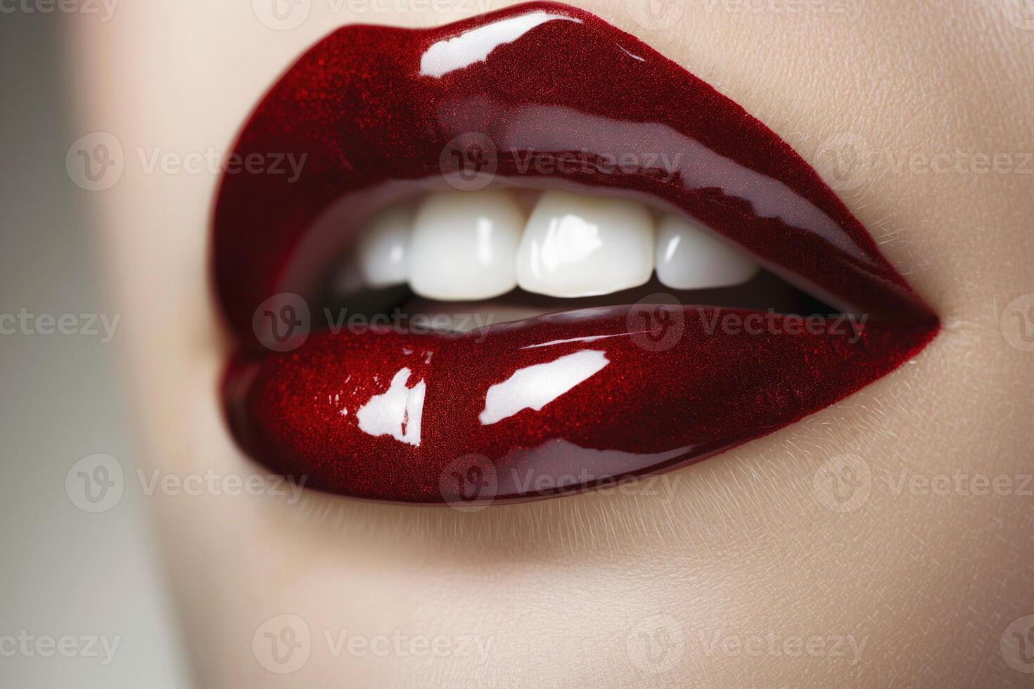 Close-up view of a woman's lips with vibrant red glossy lipstick, highlighting their beauty and allure. photo
