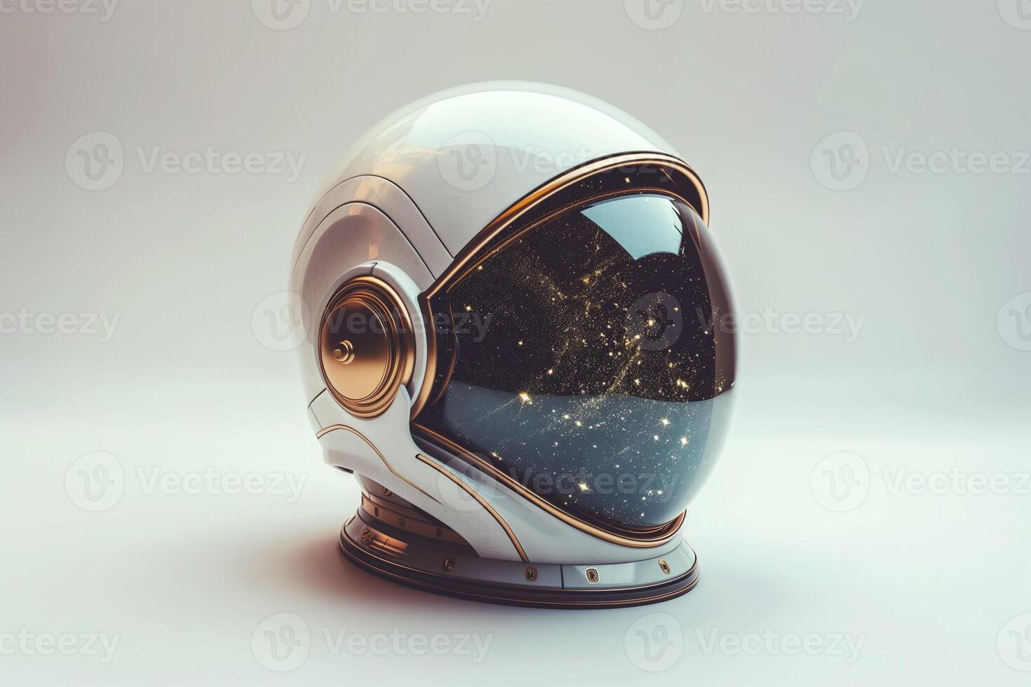 Futuristic astronaut helmet displaying a galaxy view, featuring a sleek design and golden accents. photo