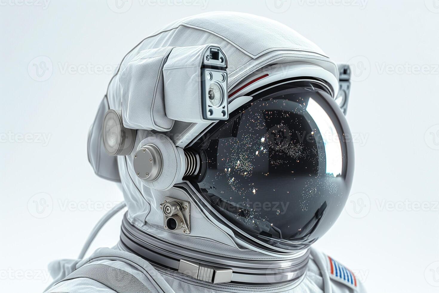 Close-up of an astronaut helmet reflecting a starry night, showcasing the vastness of space in a futuristic design. photo
