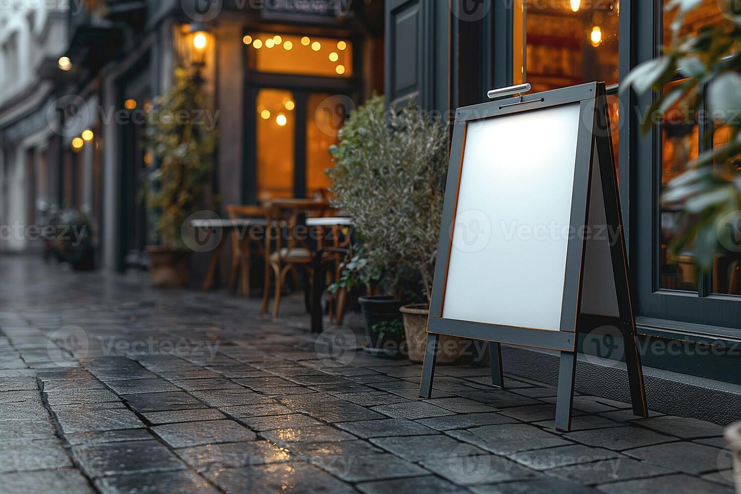 A quaint sidewalk cafe with a blank sign in a rainy urban setting, creating a cozy and inviting atmosphere. photo