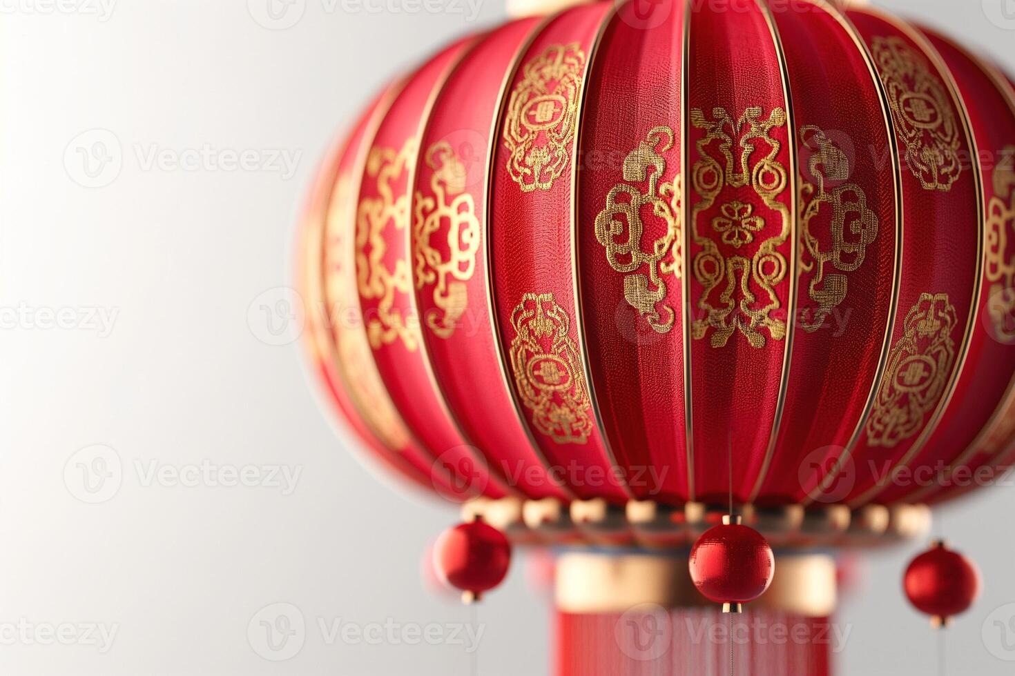 A close-up of a vibrant red Chinese lantern adorned with intricate gold patterns, evoking a festive atmosphere. photo