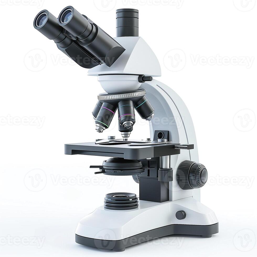 A detailed view of a modern laboratory microscope with dual eyepieces and multiple objective lenses. photo