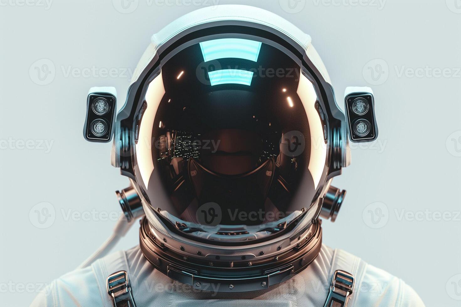 A detailed close-up of a futuristic astronaut helmet, featuring sleek lines and a reflective visor. photo