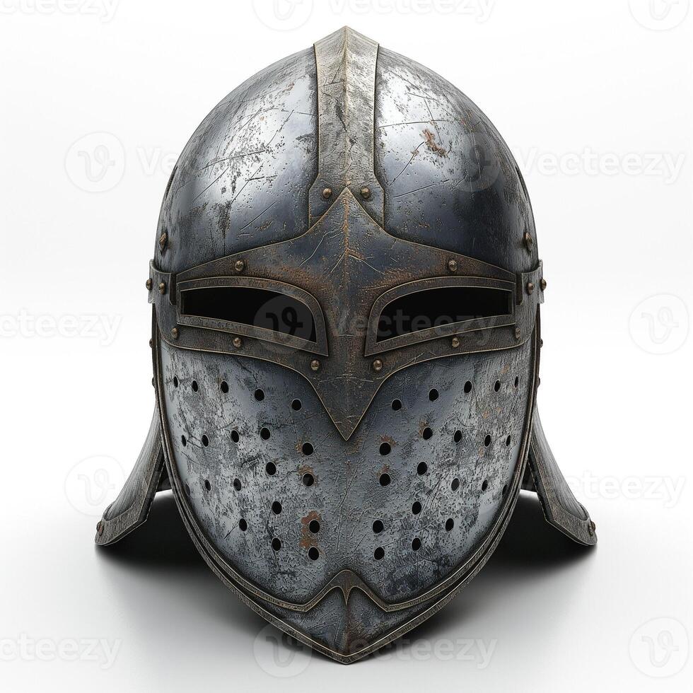 Close-up of a weathered, metallic medieval knight's helmet showcasing intricate details and an aged texture. photo