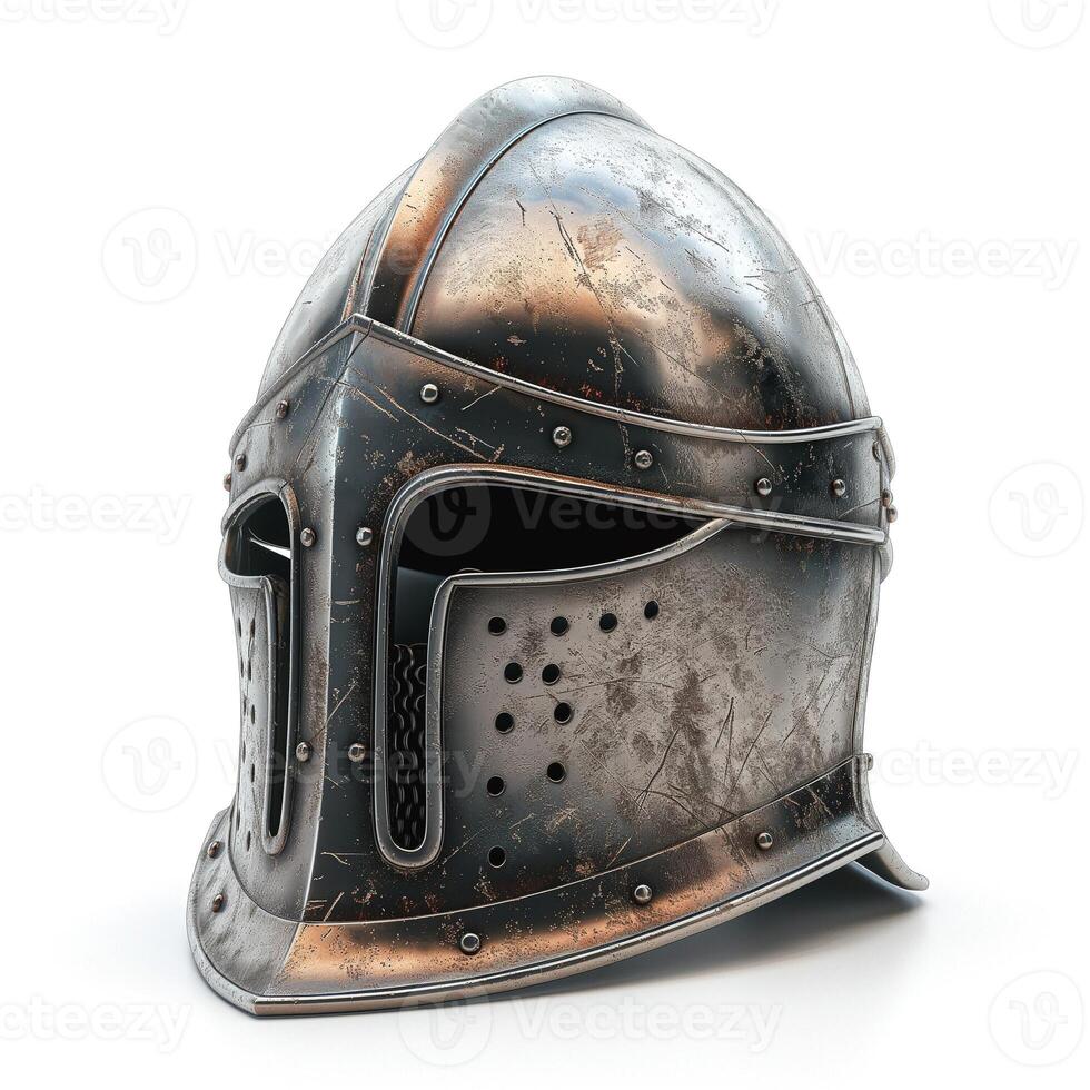 A detailed, weathered metal helmet showcasing intricate designs and textures, representing a classic warrior's armor. photo