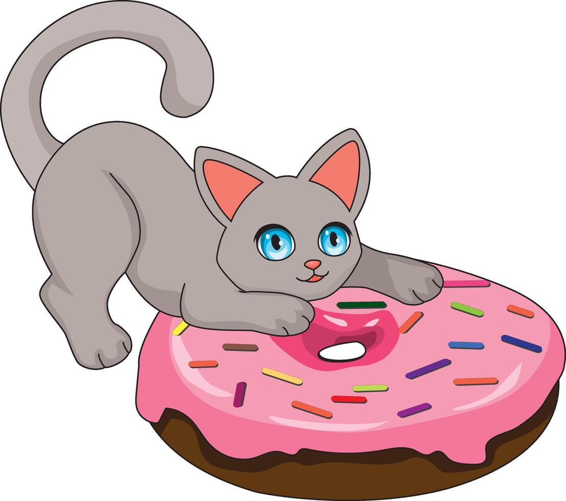 Cat Playing With Donuts And Enjoy vector