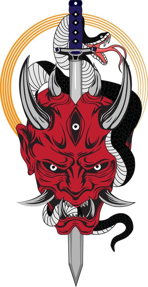 Japanese Oni Mask With Snake And Sword vector