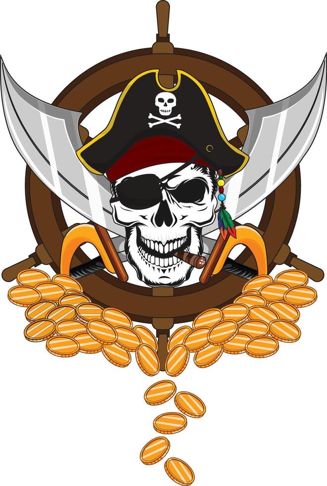 Pirate Skull With Hat Sword And Treasure vector