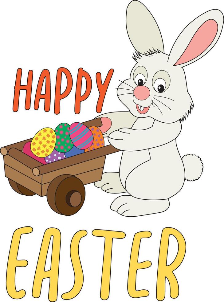 Happy Easter Cute Bunny Carrying A Wagon With Easter Eggs vector