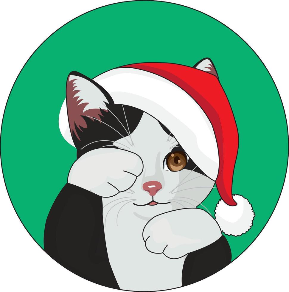 Cute Shy Cat In Christmas Hat Sticker vector