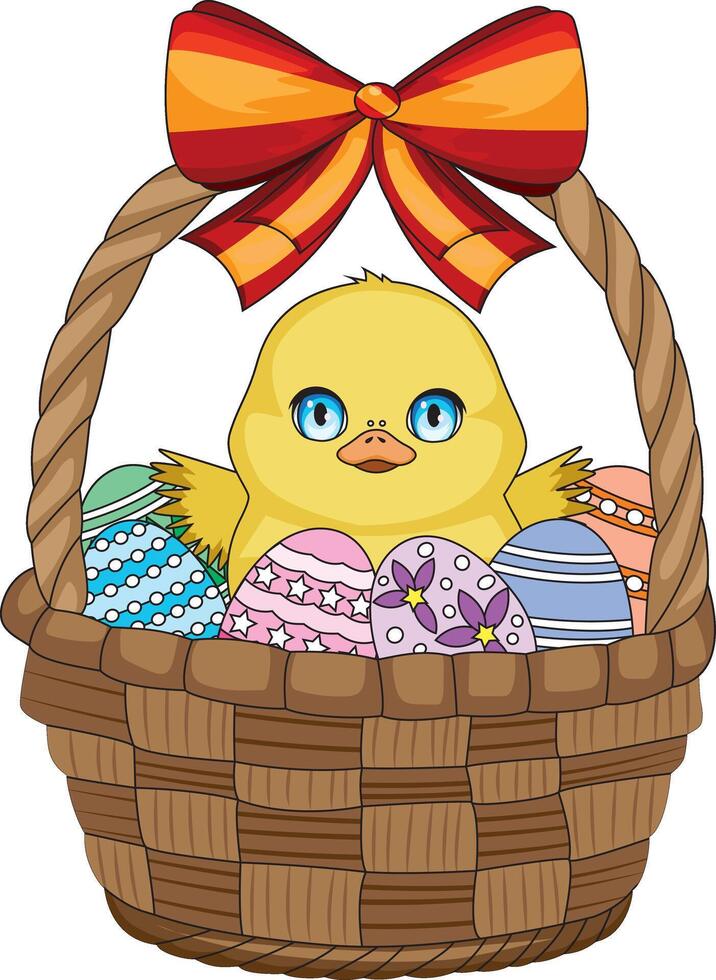 Chicken On Easter Eggs Basket vector