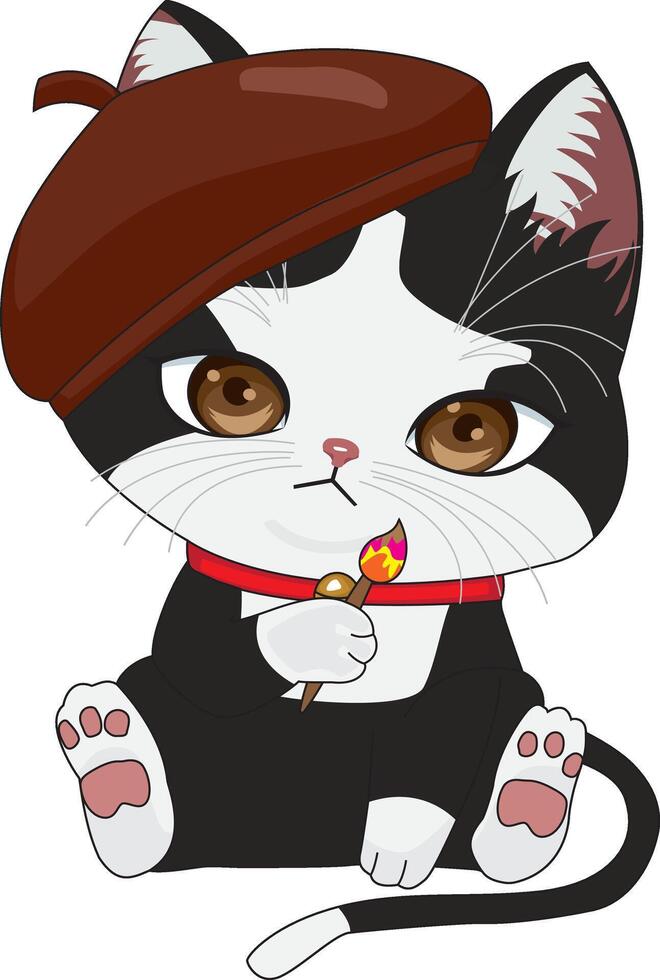 Painter Cat Artistic Kitten Chibi Character vector