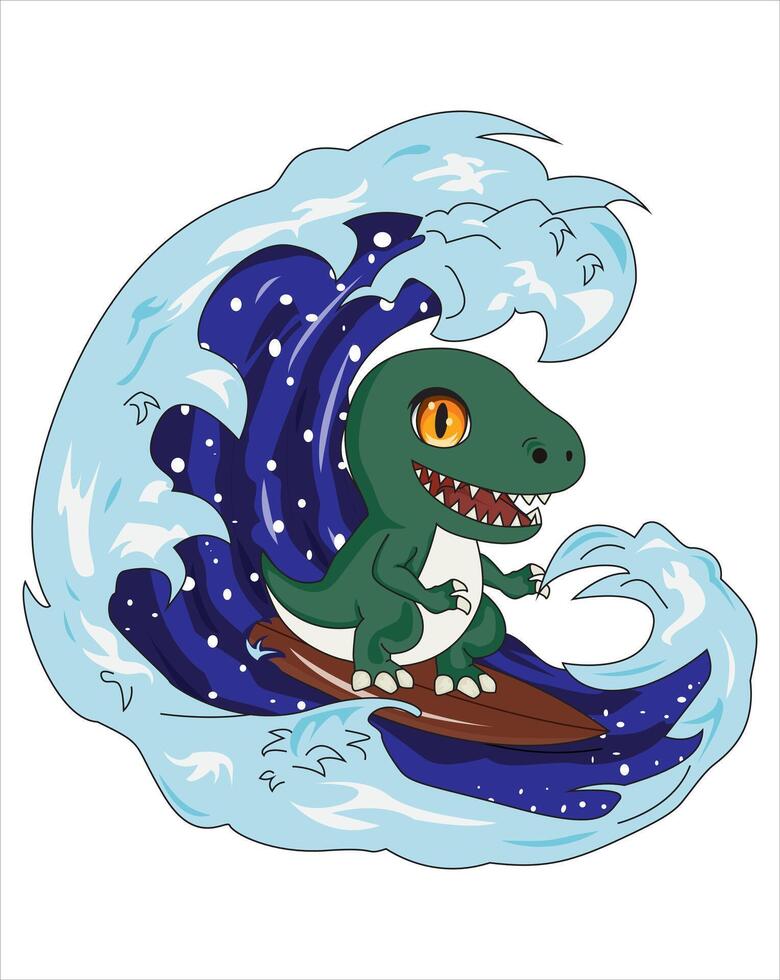 Cute Dinosaur Surfing In Waves vector