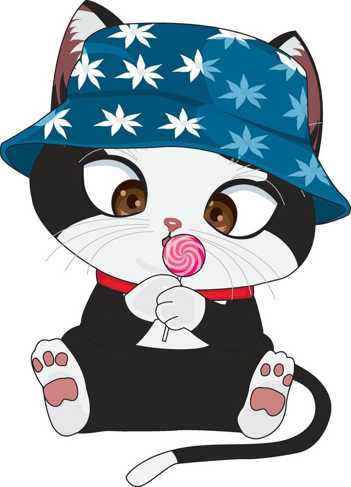 Funny Cat With Lollipop In Hands Chibi Cat Character Illustration vector