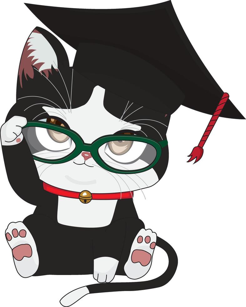 Graduation Cat In Cartoon Style Cats Wearing Graduation Hat vector