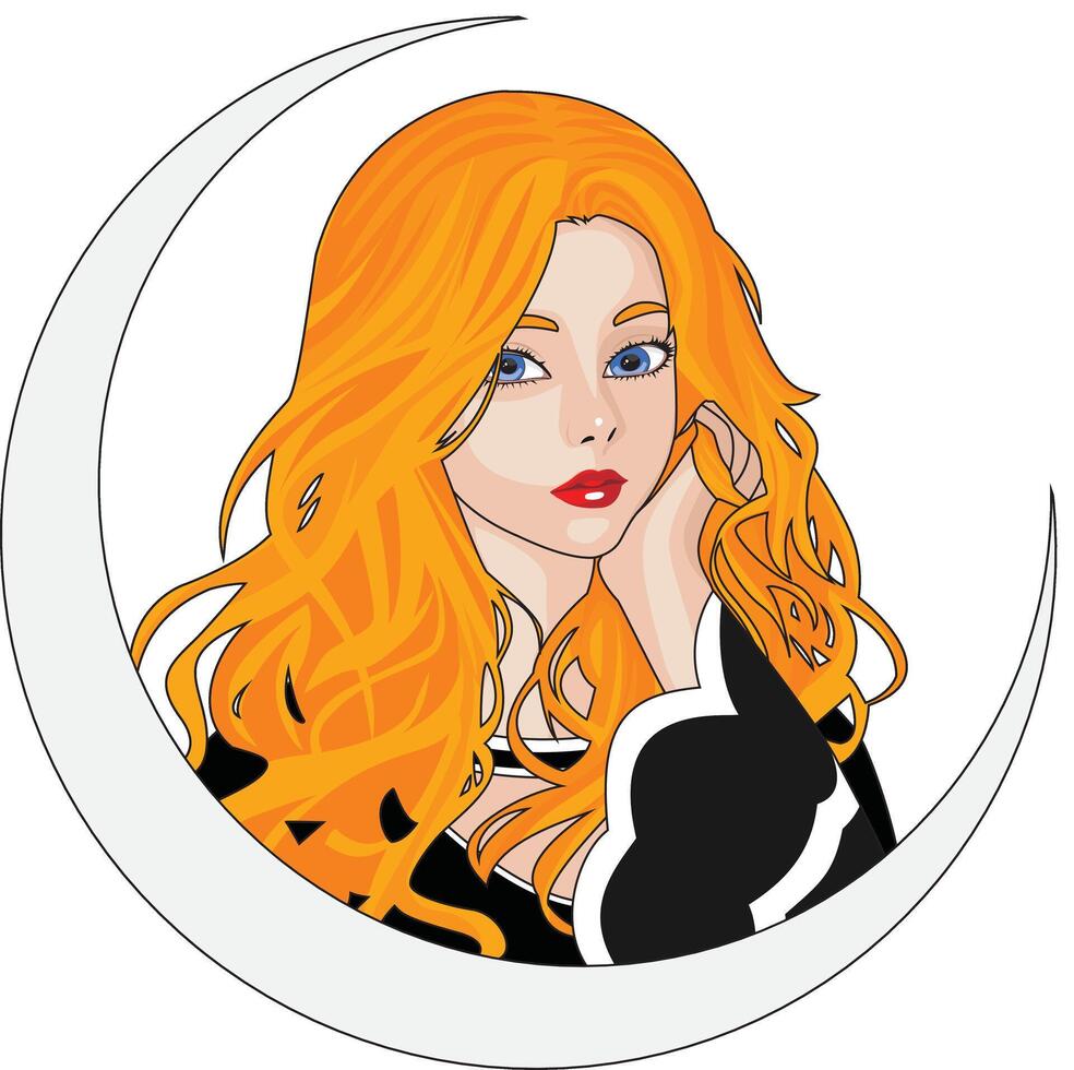 Anime Girl Peeking Behind Half Moon Logo vector