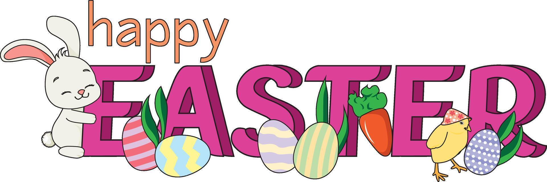 Happy Easter Font With Cartoon Bunny, Carrot, Chick, Eggs Doodle vector