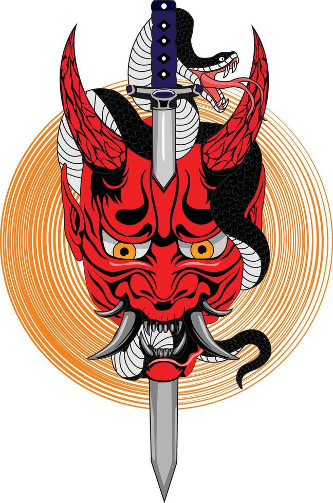 Japanese Samurai Demon Oni Mask With Sword And Snake vector