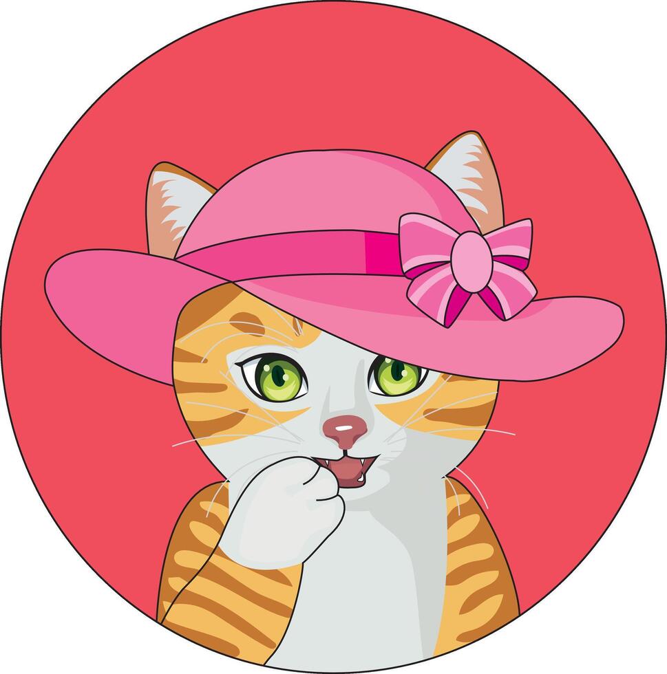 Shy Cat Feline With Pink Hat Logo Sticker vector