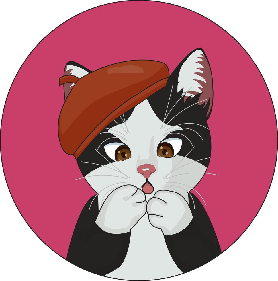 Cat Wearing Beret Hat With Surprised Look Logotype Sticker vector