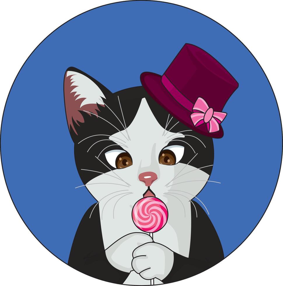 Cute Cat With Lollipop And Wearing Top Hat Logotype vector