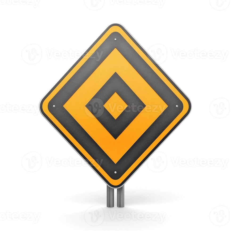 Warning sign with a black diamond pattern on an orange background, indicating caution on the road. photo
