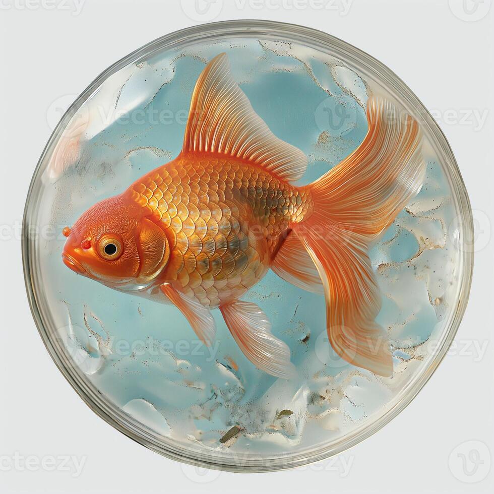 A vibrant orange goldfish gracefully swims in a crystal-clear round bowl, surrounded by delicate bubbles and shimmering water. photo