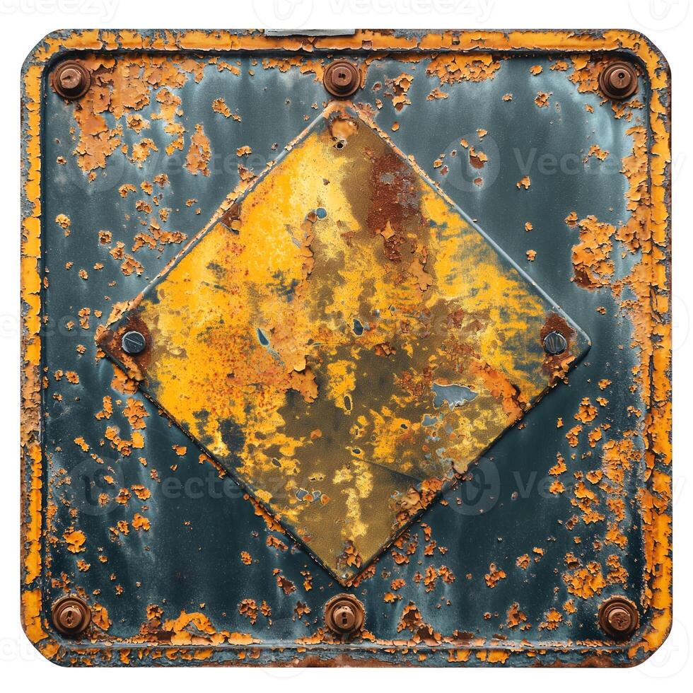 Weathered diamond-shaped warning sign showing signs of age and wear. photo