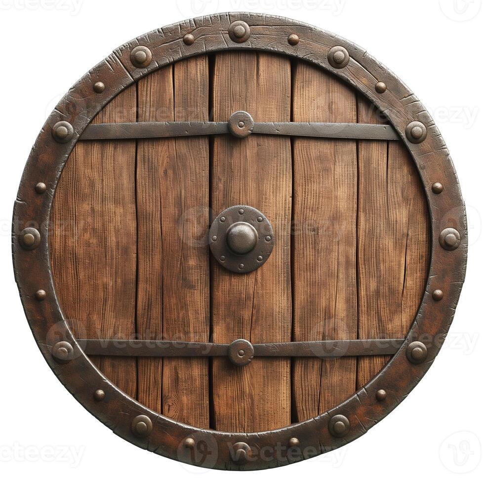 A rustic wooden shield with metal accents, showcasing craftsmanship and historical design. photo