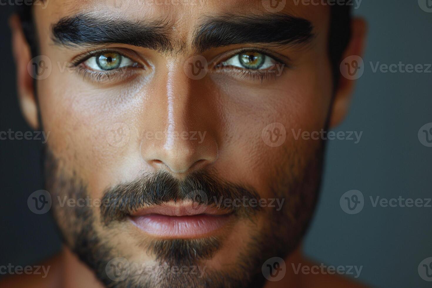 Close-up portrait of a young Middle Eastern man with striking green eyes and a well-defined beard, conveying confidence and charisma. photo