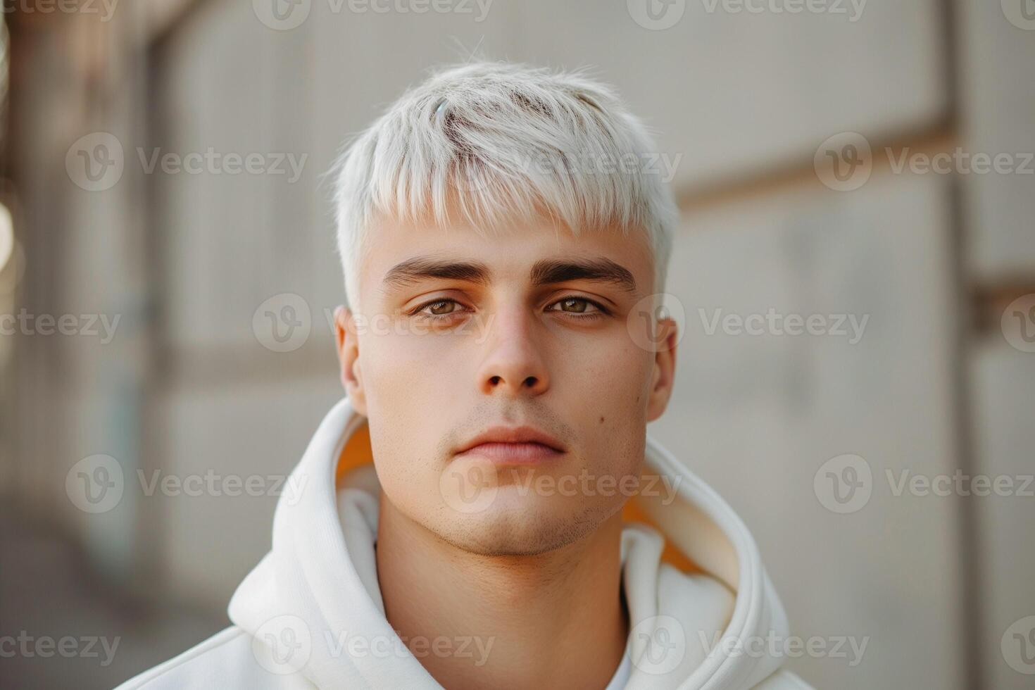 A young Caucasian male with platinum blonde hair gazing intently at the camera in a casual white hoodie. photo