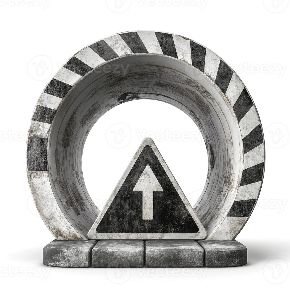 A worn circular construction barrier with a triangular warning sign, indicating caution ahead, creating a sense of urban safety. photo
