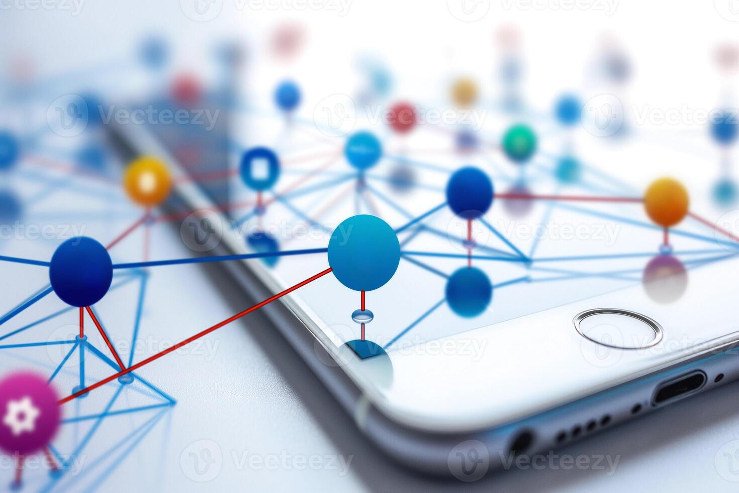 Close-up of a smartphone with abstract networking icons symbolizing connectivity and technology. photo