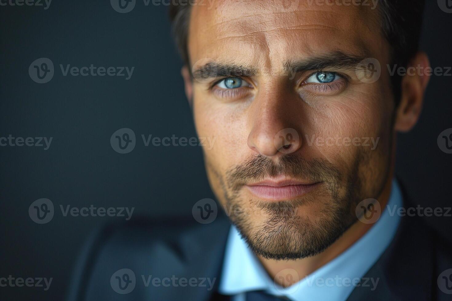 Close-up portrait of a handsome Caucasian man in a suit, showcasing intense blue eyes and a confident expression. photo