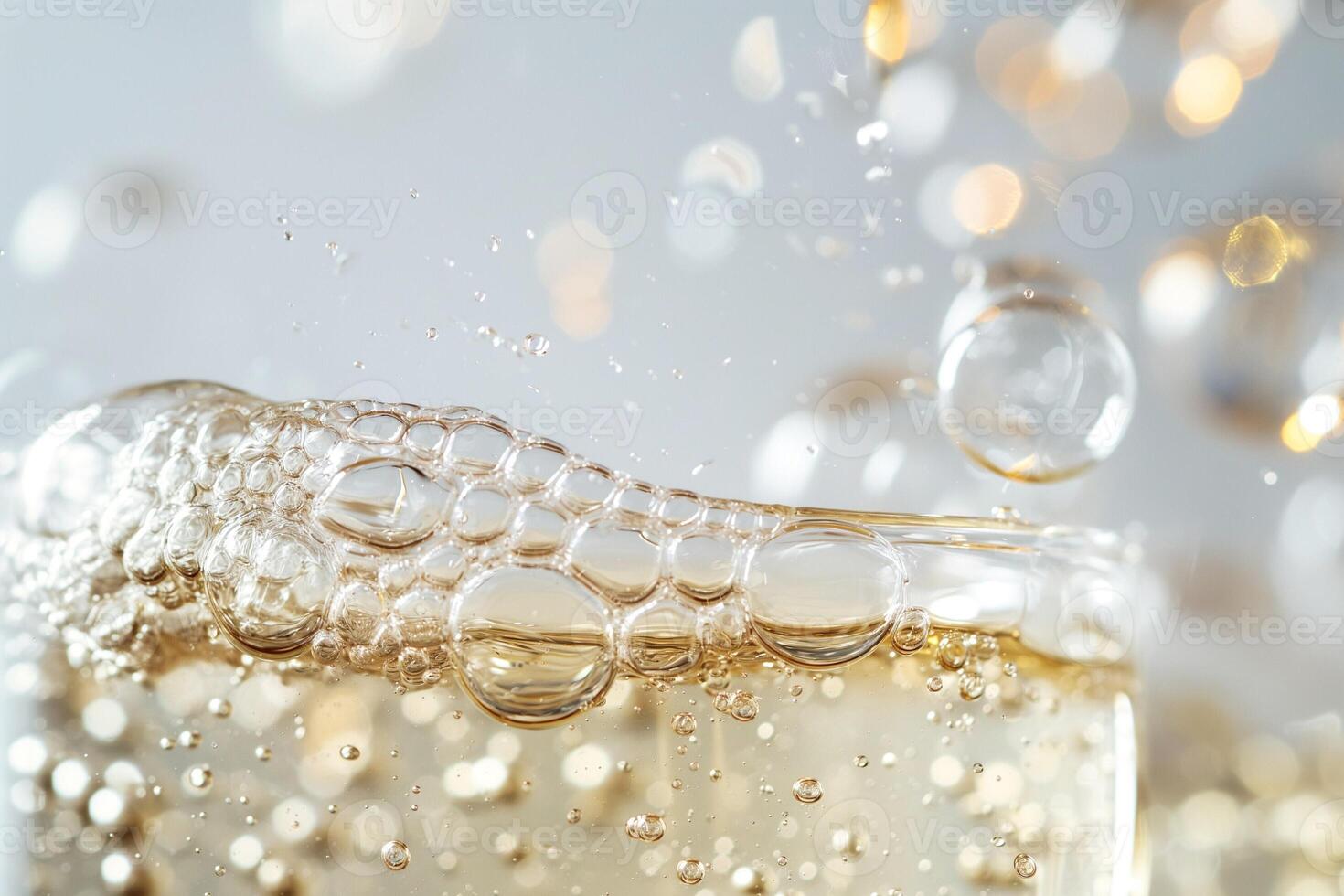 Close-up of sparkling bubbles in a glass of fizzy drink, creating an effervescent and refreshing mood. photo