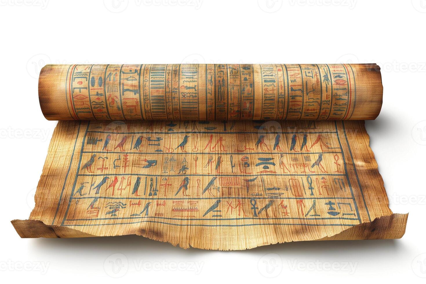 Ancient Egyptian papyrus scroll featuring intricate hieroglyphics and vibrant colors. photo