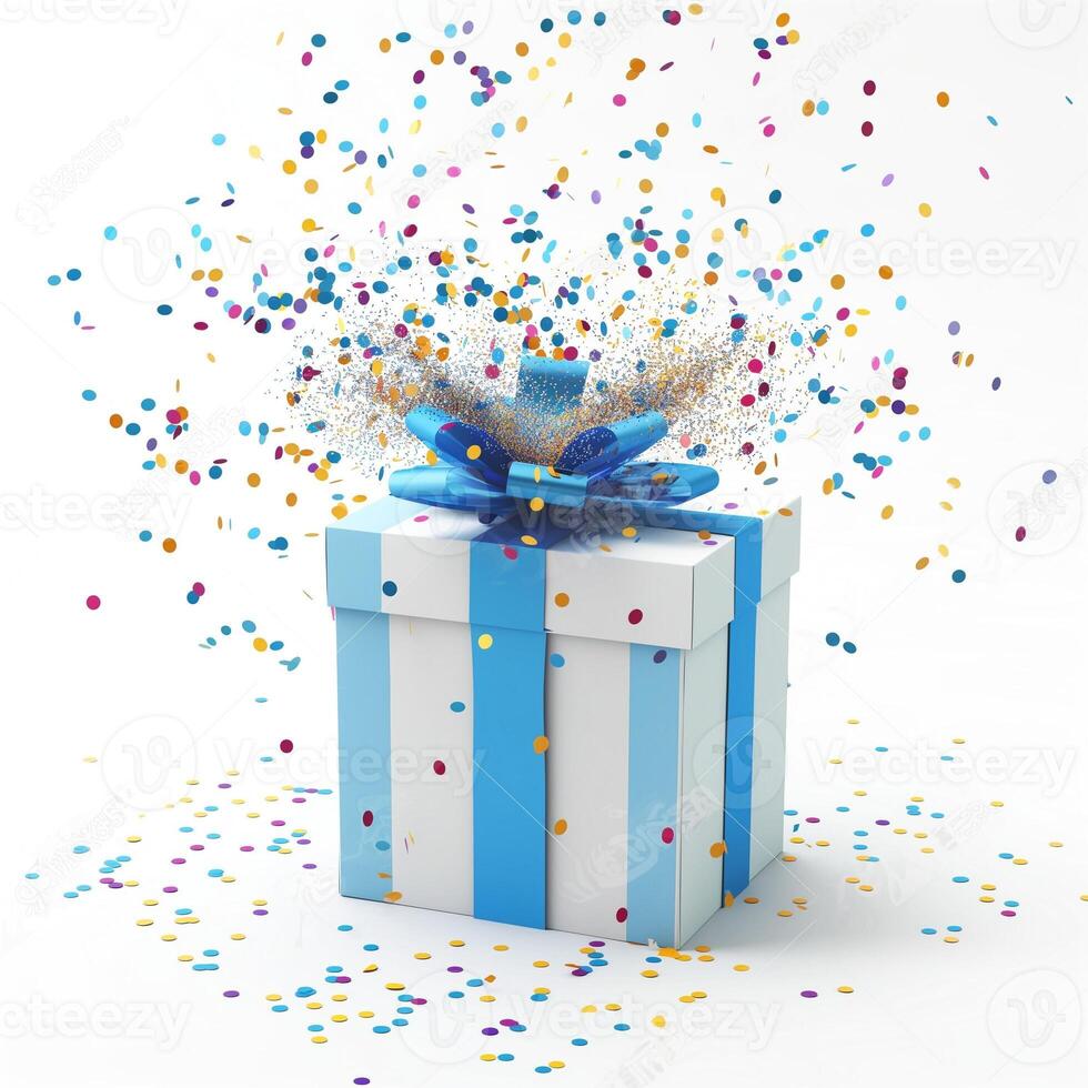 A festive blue and white present bursting with colorful confetti, symbolizing joy and celebration. photo