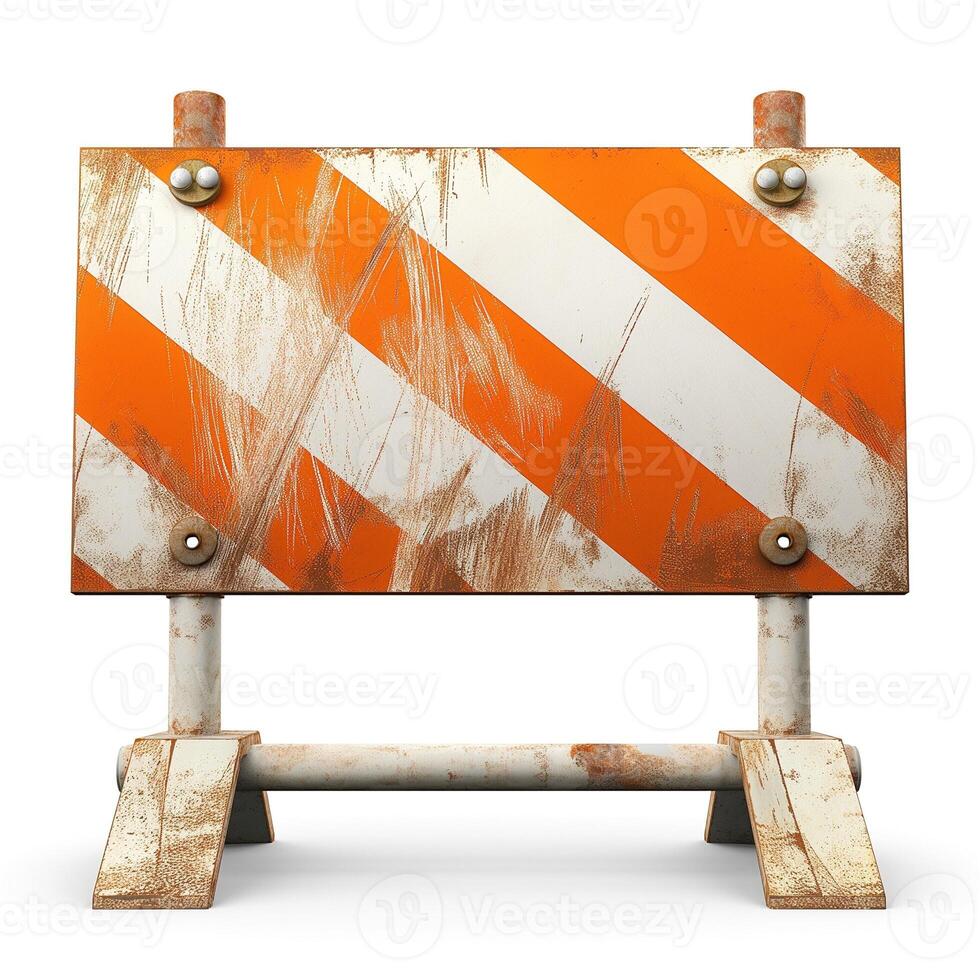 A weathered construction sign with orange and white diagonal stripes, showing signs of rust and wear, set against a plain background. photo