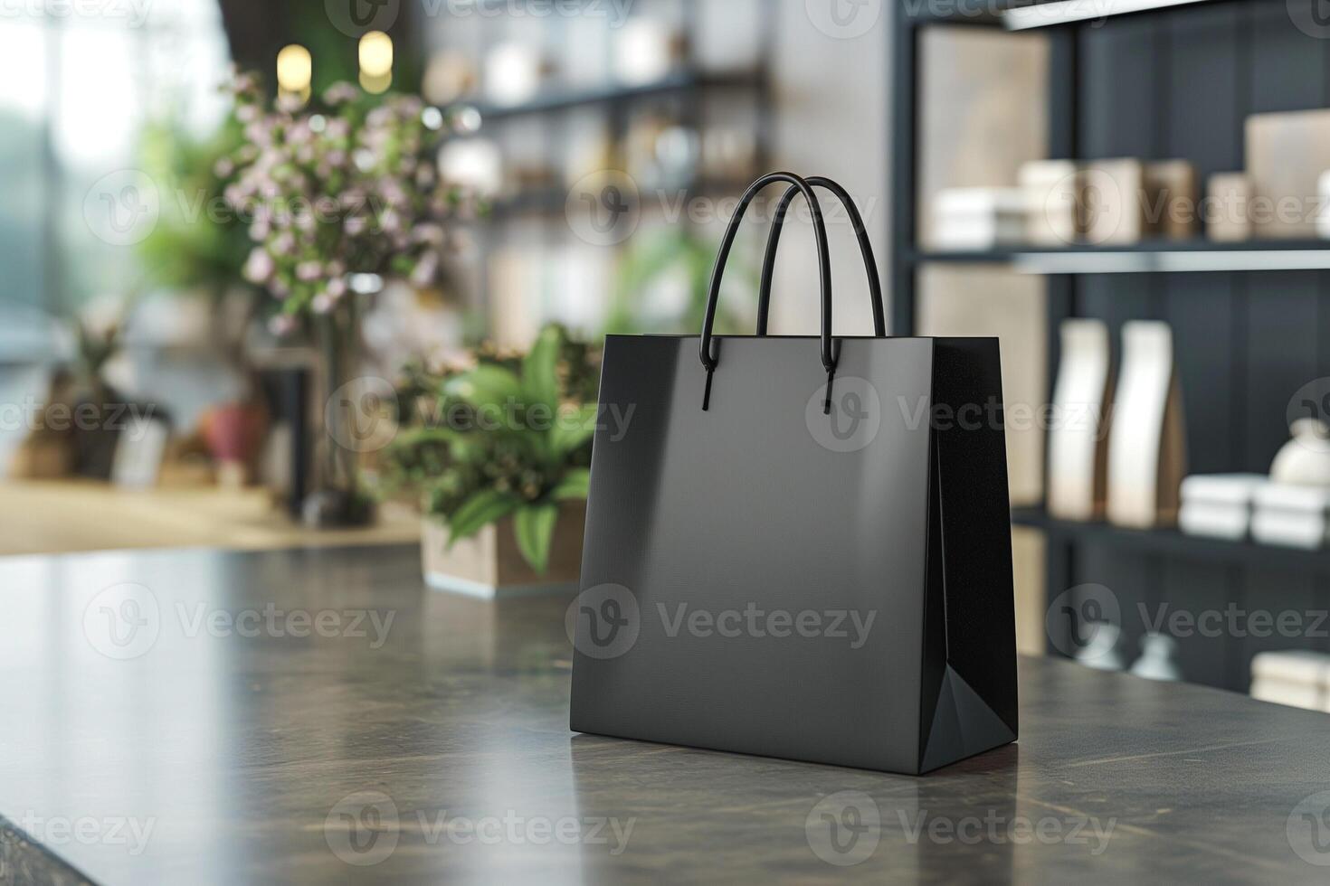 A sleek black shopping bag on a stylish wooden table in an elegant store interior. photo