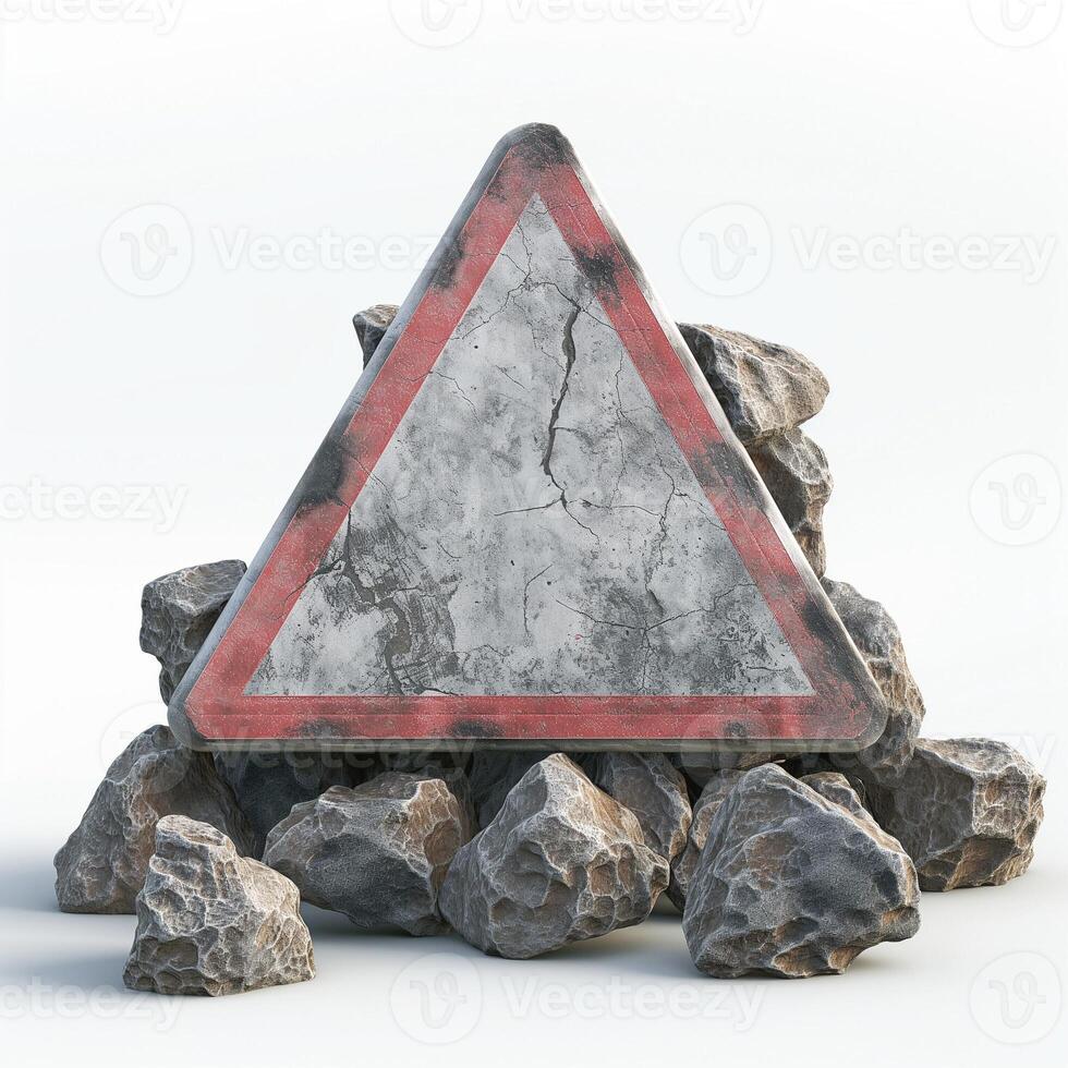 A triangular warning sign leaning against a pile of rocks, creating an alerting atmosphere with a rugged texture. photo