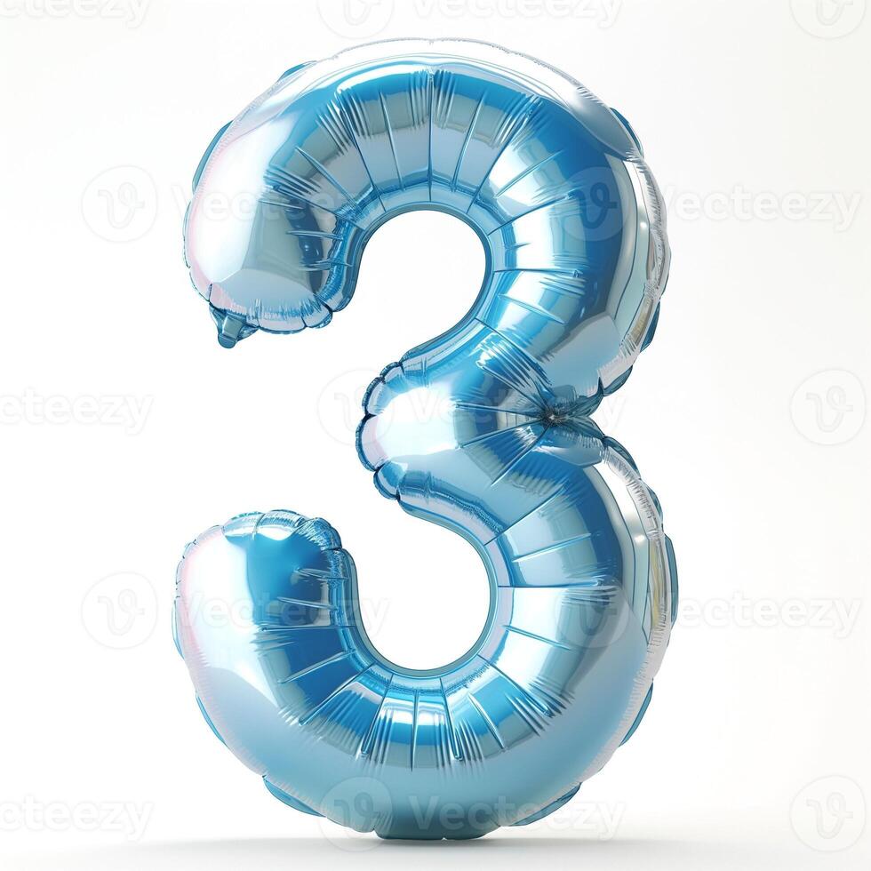 A shiny blue balloon in the shape of the number three, adding a festive touch to any celebration. photo