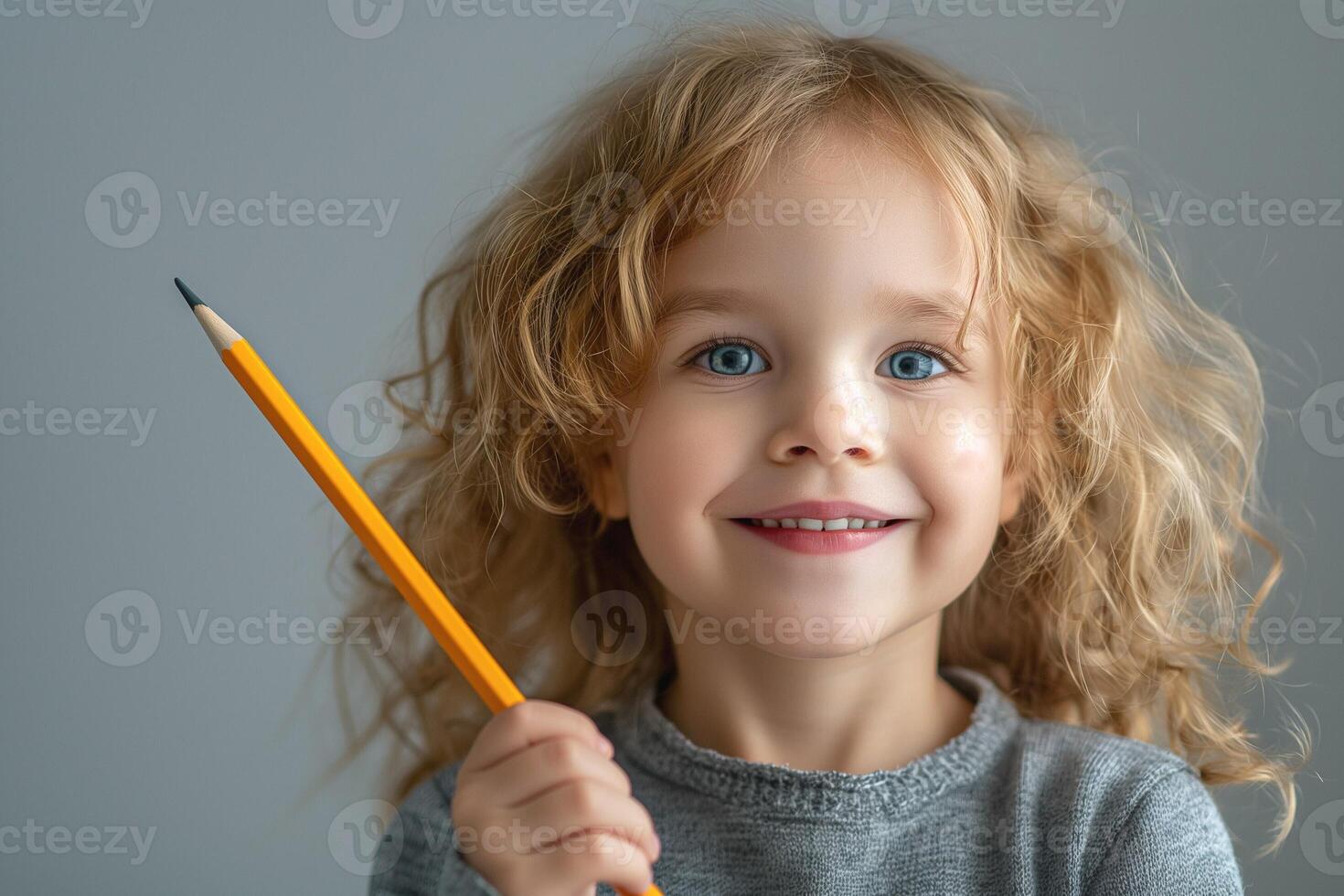 A cheerful young girl with curly blonde hair smiles while holding a yellow pencil, radiating creativity and joy. photo