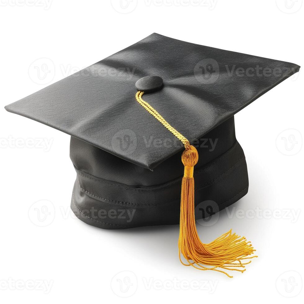 A classic black graduation cap with a gold tassel, symbolizing academic achievement and celebration. photo