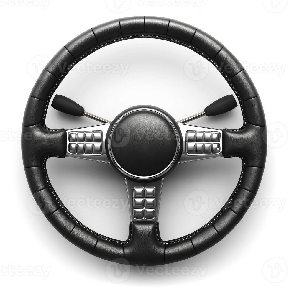 Stylish black steering wheel with silver controls, perfect for modern vehicles. photo