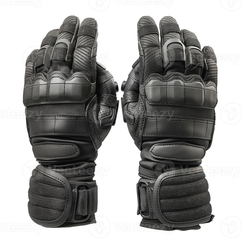 A pair of black tactical gloves designed for durability and protection. photo