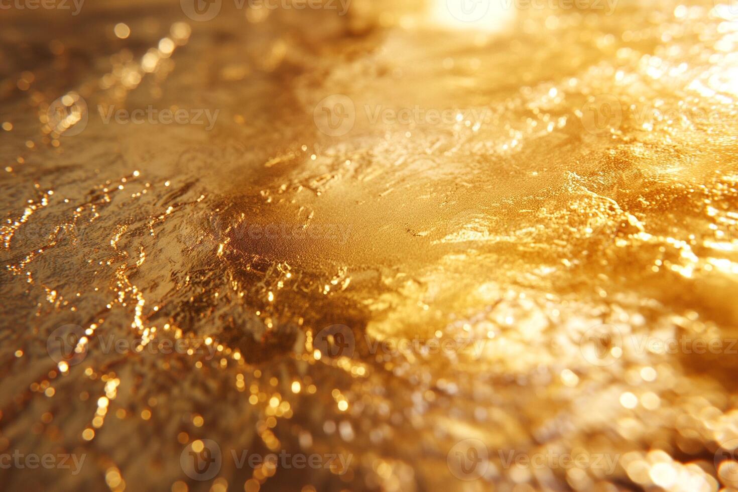 Close-up of a shimmering golden surface with textured patterns and light reflections. photo