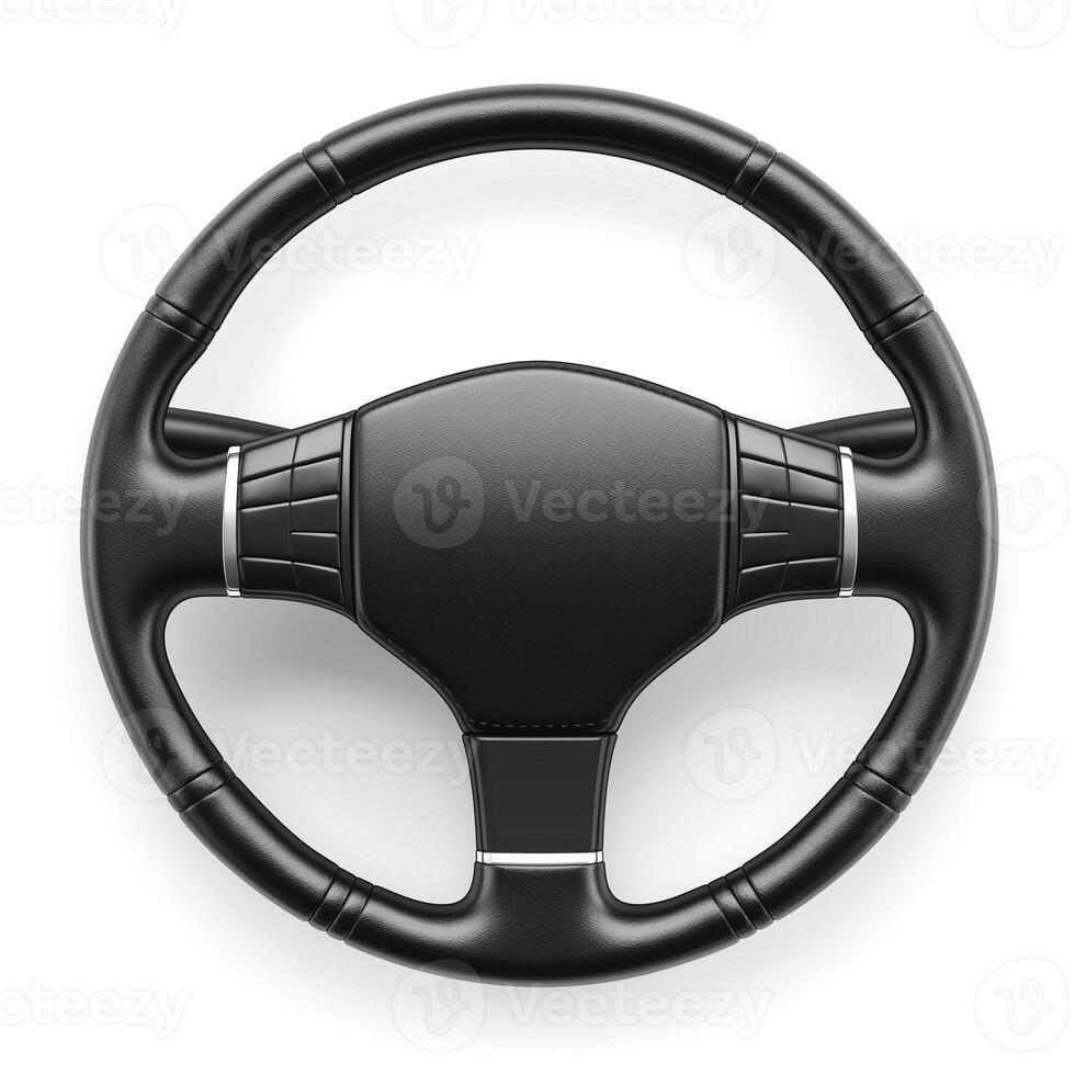 Close-up of a sleek black steering wheel against a white background, showcasing its modern design and ergonomic features. photo