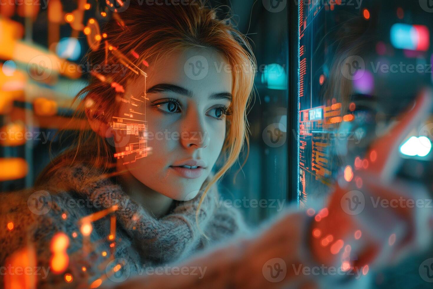 A thoughtful young woman with light skin and orange hair gazes thoughtfully at digital data projections, immersed in futuristic ideas. photo