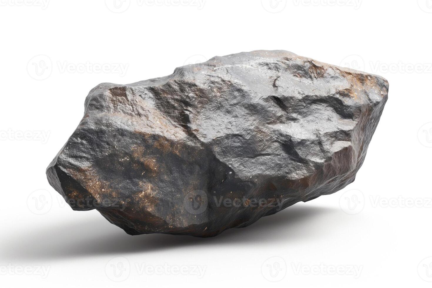 A large, rough-edged meteorite showcasing a dark, metallic surface reflecting light. photo